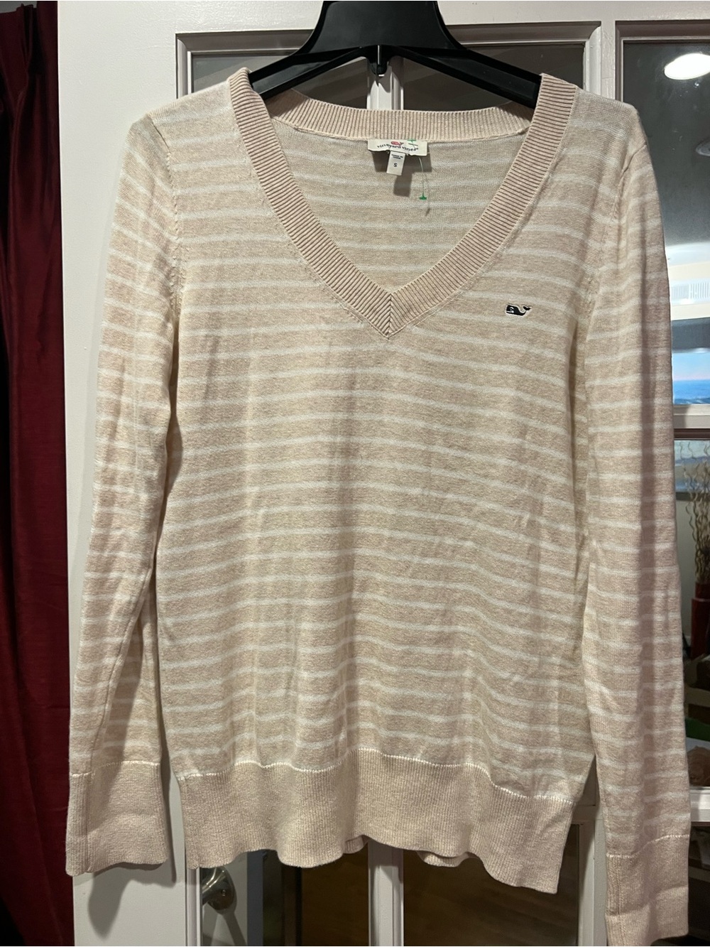 Vineyard Vines Beige and Cream Striped V-Neck cotton Sweater
